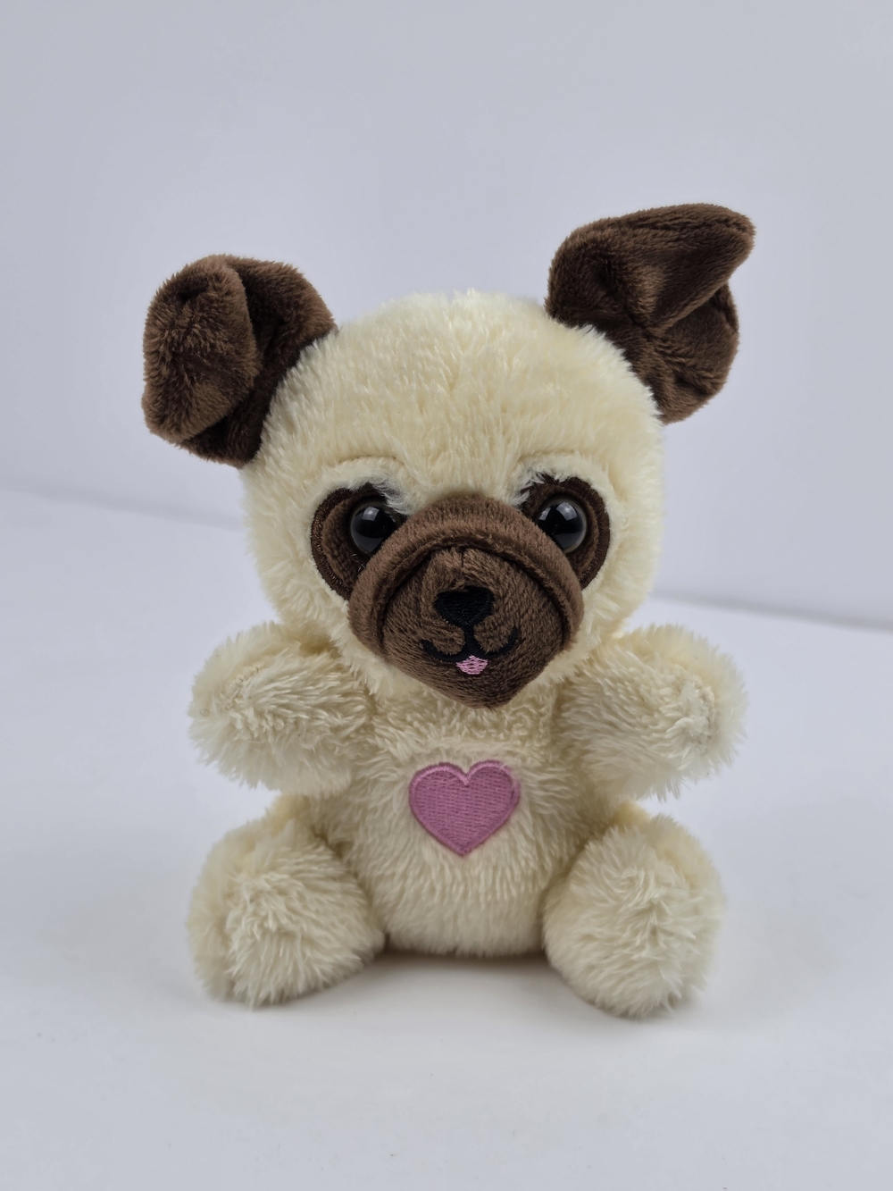 Cute Plush Pug Dog Stuffed Animal Toy w/ Pink Heart Small Soft Puppy 6” EUC
